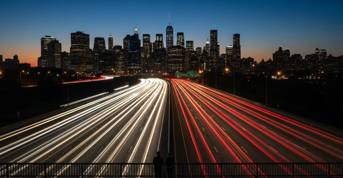 Long-exposure photo of highway traffic at night showing red and white light trails leading to a city.
