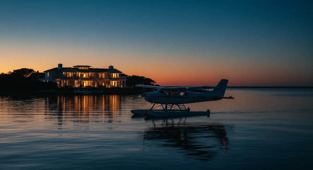 A seaplane floats on the water near a modern, illuminated waterfront home at twilight.