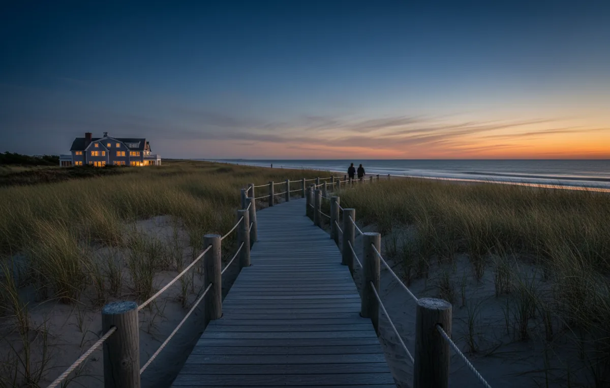 A wooden walkway leads over sand dunes to a beach at dusk, with a lit house in the distance.