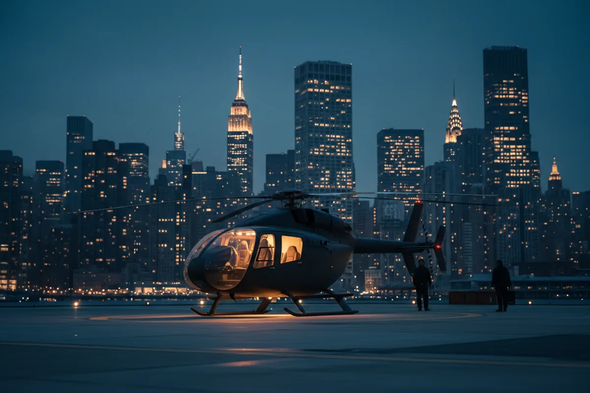 A helicopter landed on a Manhattan rooftop heliport at dusk, with city skyscrapers in the background.