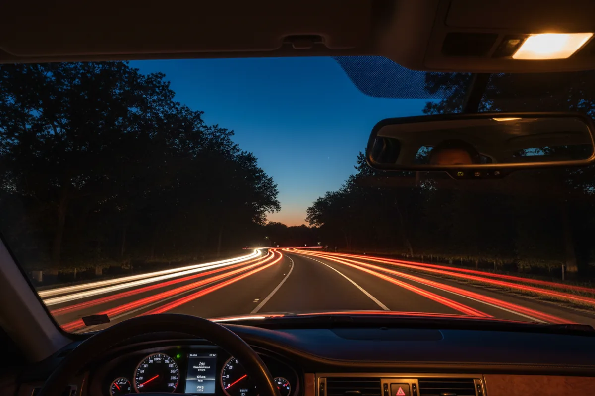 A driver's view of a highway at night, with long streaks of red and white taillights from traffic.