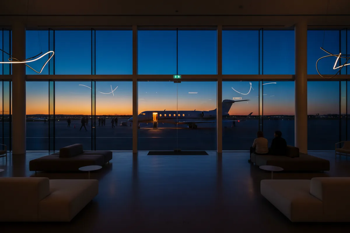 A modern airport lounge overlooks a private jet on the tarmac at dusk.