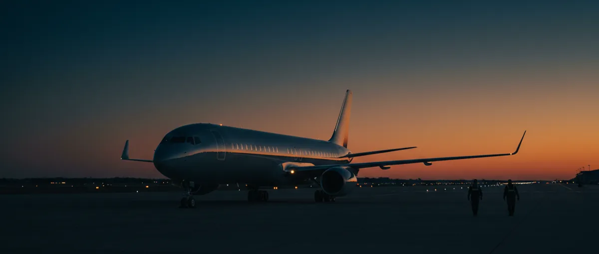 A Boeing Business Jet parked on an empty airport tarmac, bathed in the warm light of sunrise or sunset.