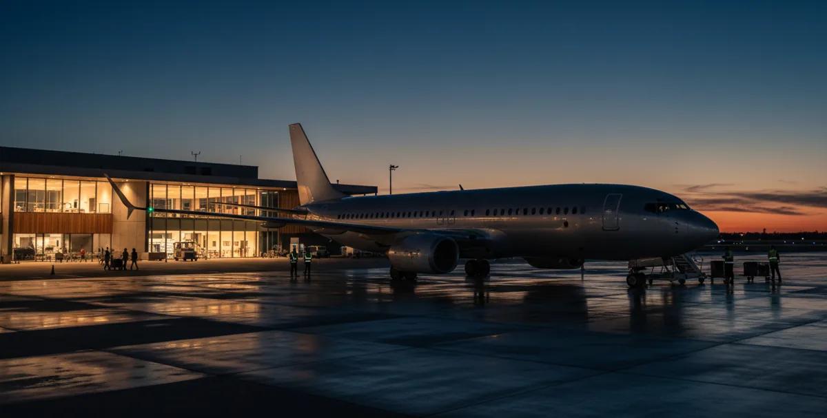 A large narrow-body business airliner parked on a private aviation apron at dusk.