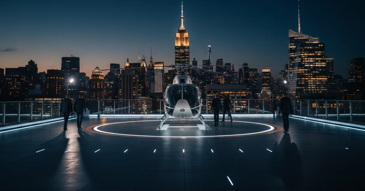 A white helicopter on a rooftop helipad with the Manhattan skyline in the background at sunset.
