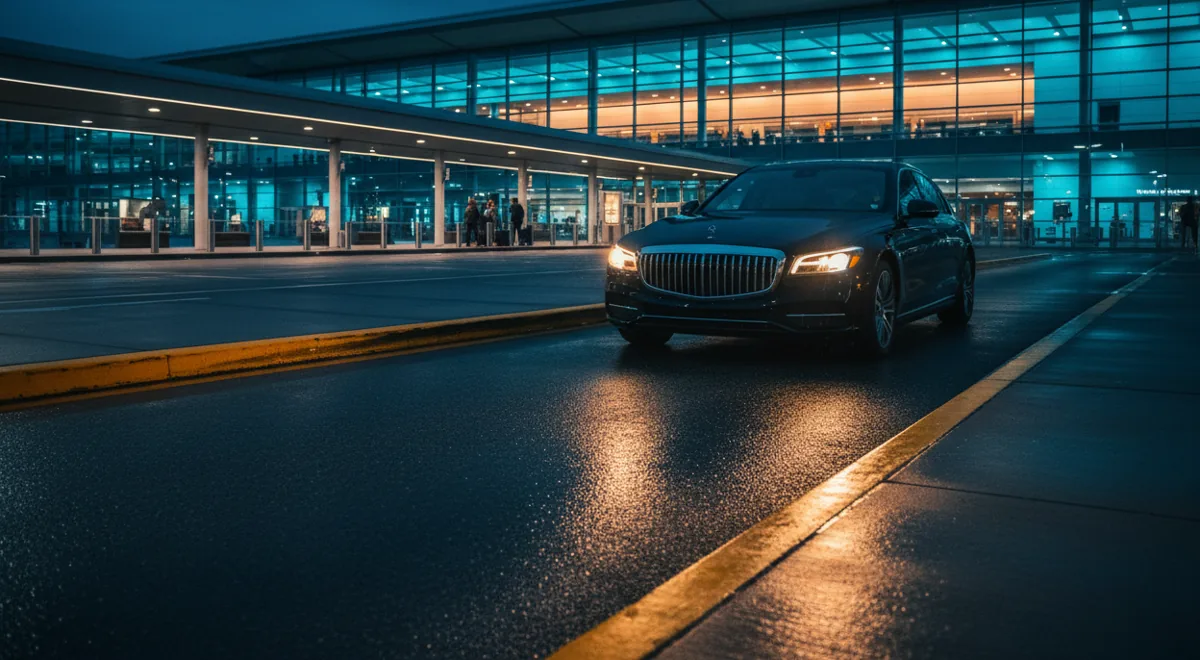 A black sedan arrives at an airport rideshare pickup curb at dusk.