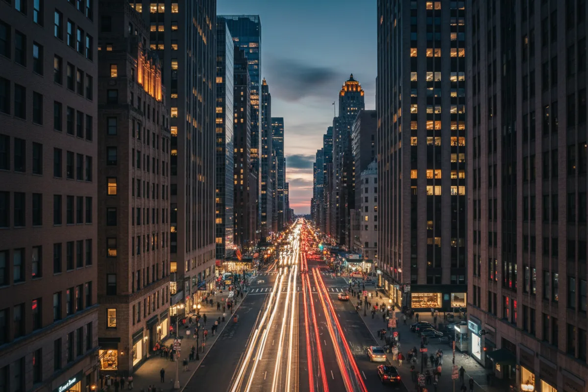 Long-exposure view of car light trails on a busy Manhattan street at night from above.