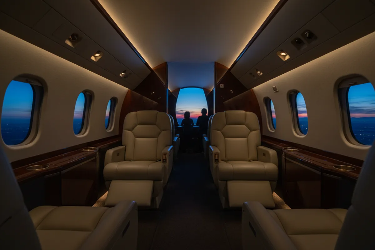 The luxurious interior of a private jet cabin with leather seats and wood trim.