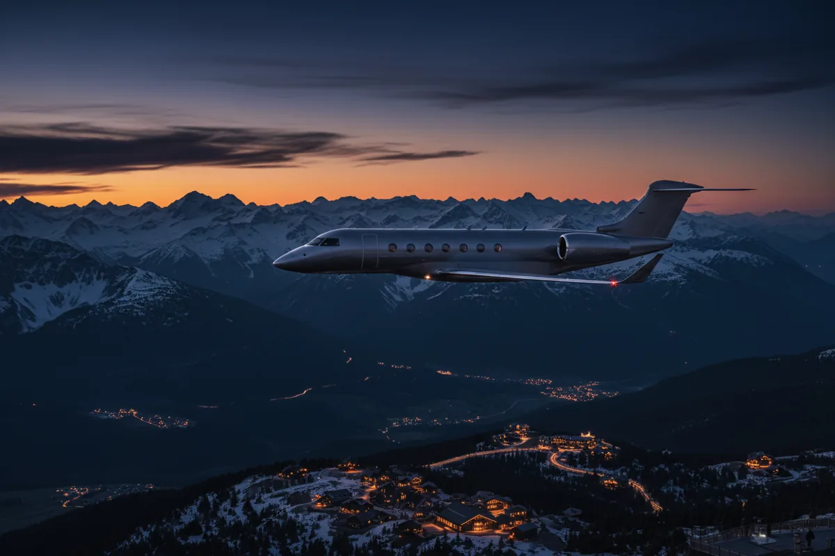 A private jet flying over mountains at twilight.