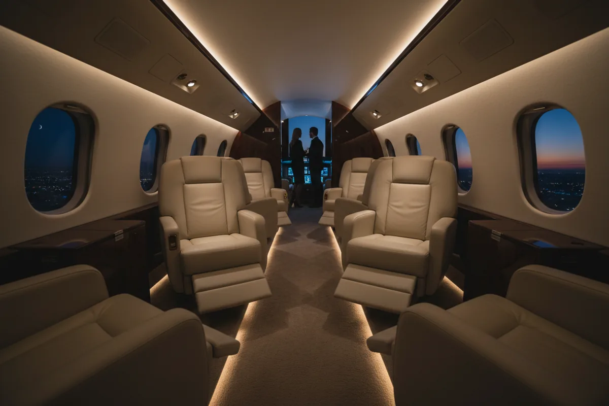 The luxurious, empty interior of a private jet cabin at twilight, with warm ambient lighting on leather seats.