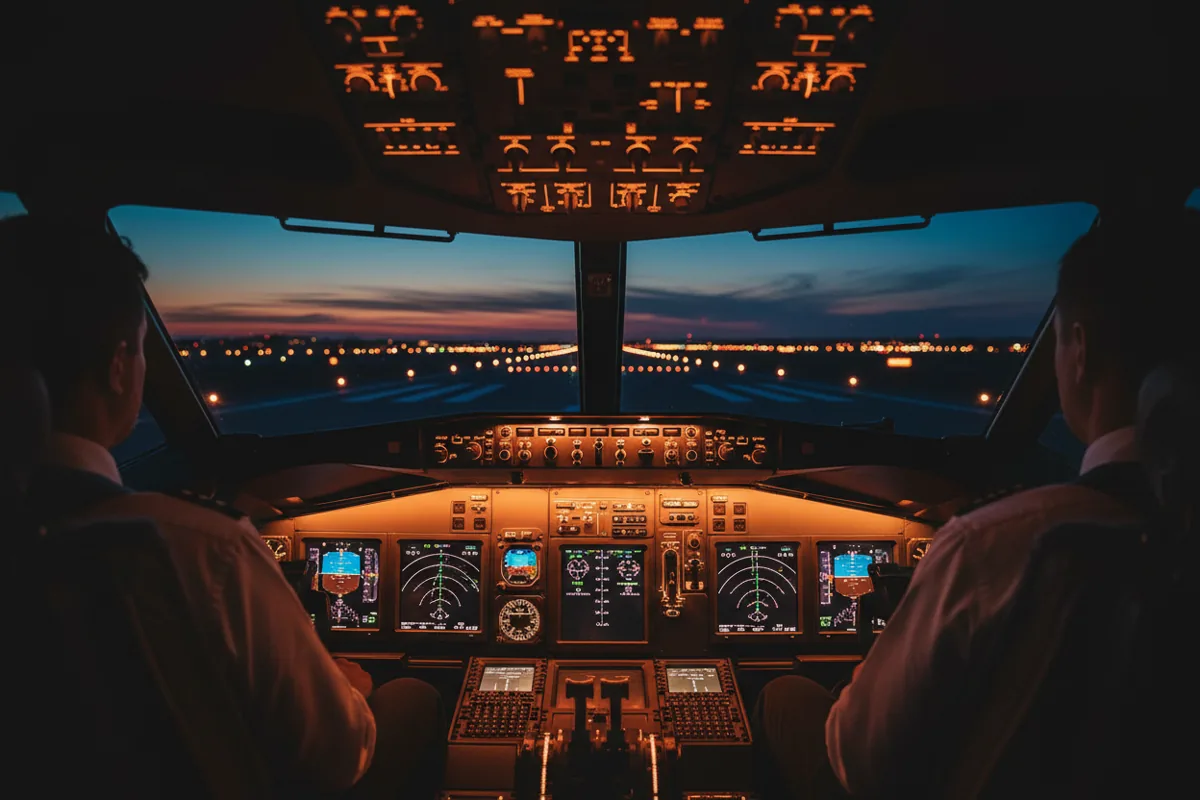 A jet cockpit at dusk, with glowing instrument panels and a view of the runway lights through the windscreen.