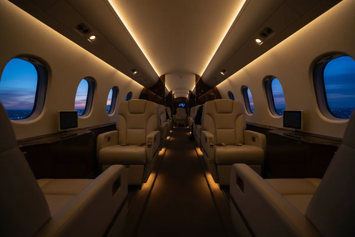The luxurious interior of a private jet cabin with leather seats and wood tables, seen at twilight.
