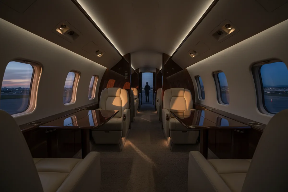 The sunlit, luxurious interior cabin of an empty Bombardier Global 5000 jet with leather seats.