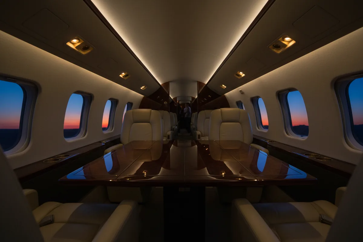 The luxurious interior of a private jet cabin with leather seats and a wood table.