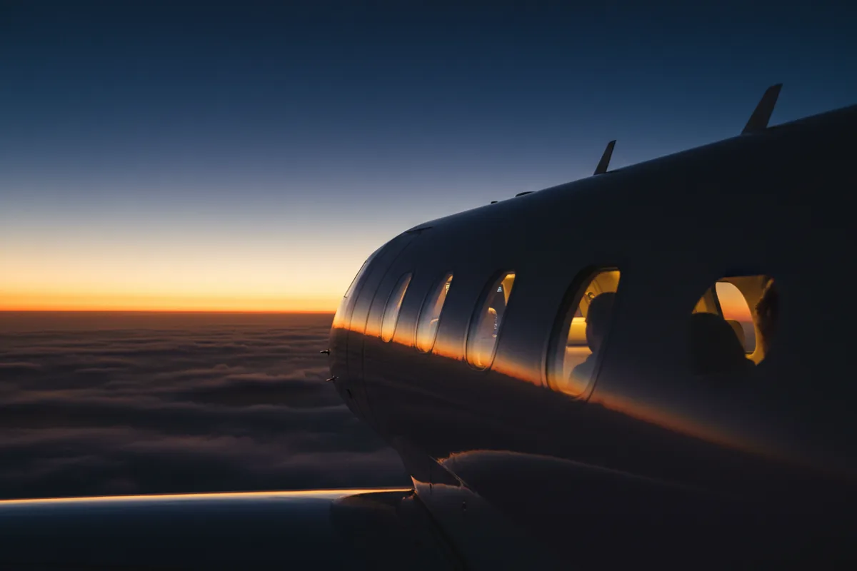 A private jet flying high above the clouds at sunset.
