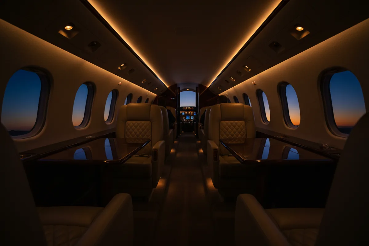 The luxurious interior of a private jet cabin with leather seats and wood trim, seen at twilight.
