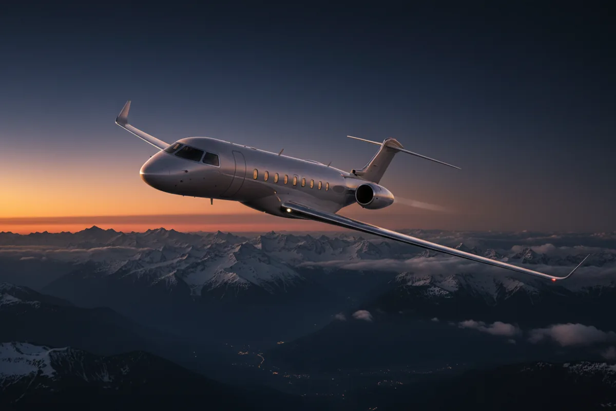 A private jet in flight, banking over a mountain range at sunset.