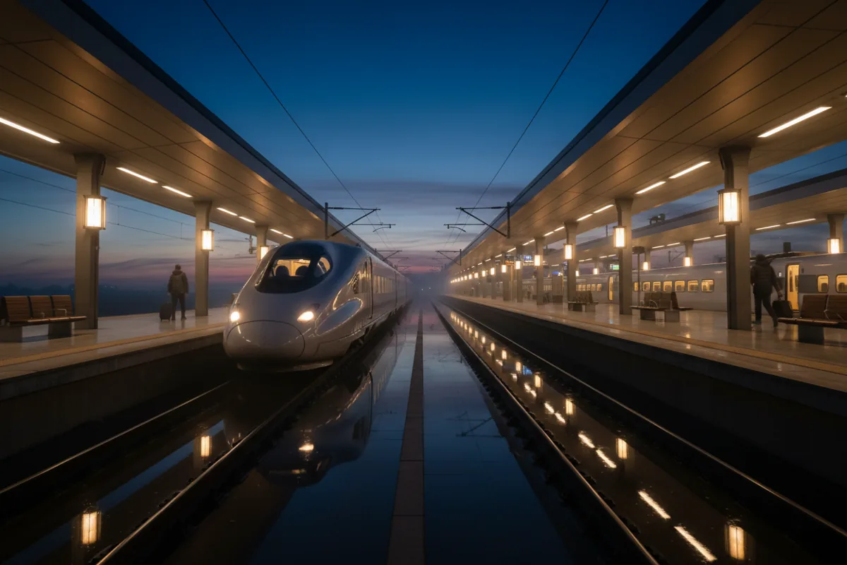A modern passenger train pulling into a station platform at dusk.
