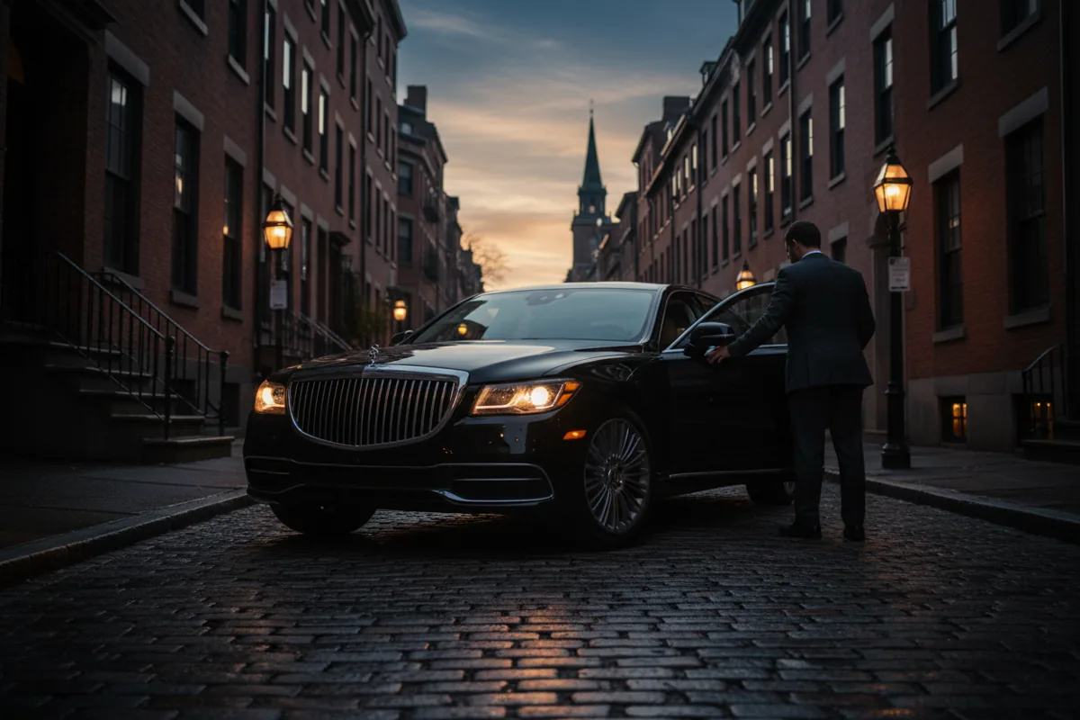 A luxury black car waiting on a historic Boston street at night.
