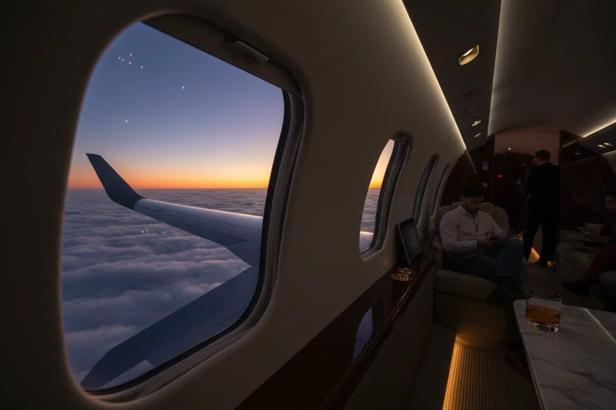 The wing of a private jet seen through a window, flying above the clouds at sunset.