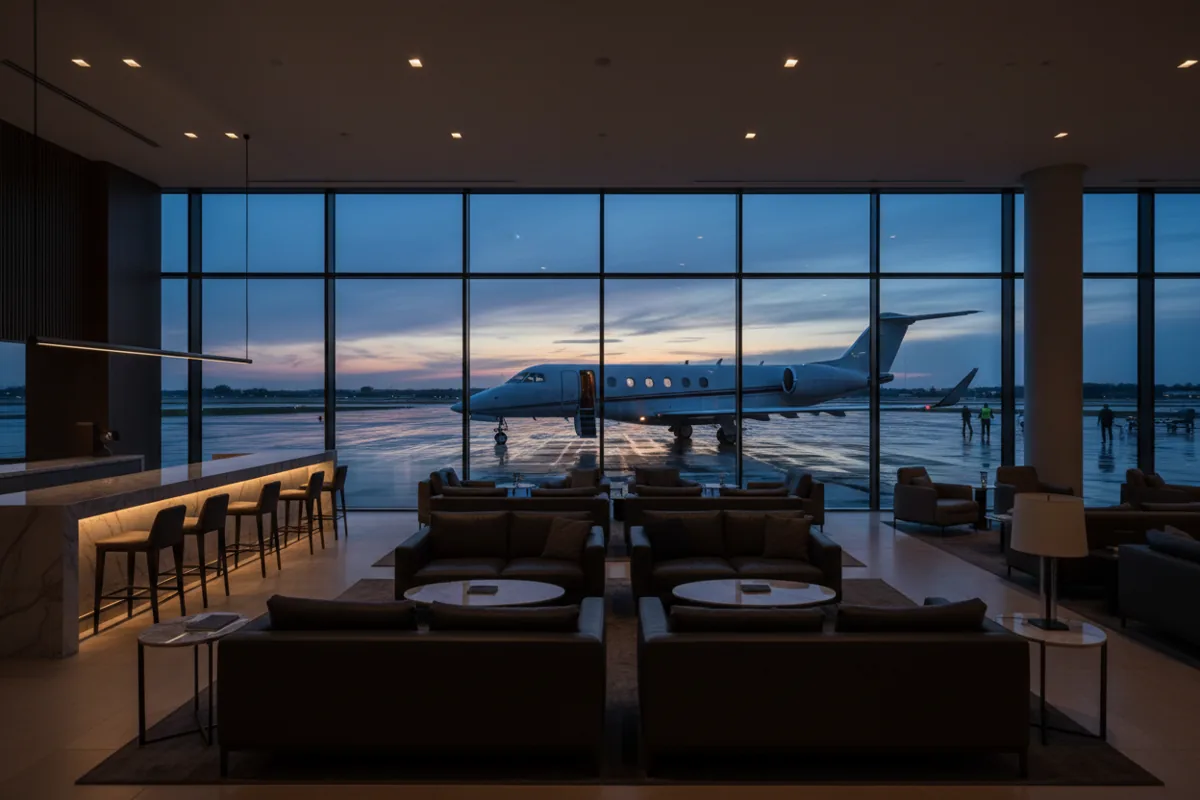 An empty, modern airport lounge with large windows looking out onto a private jet on the tarmac at dusk.