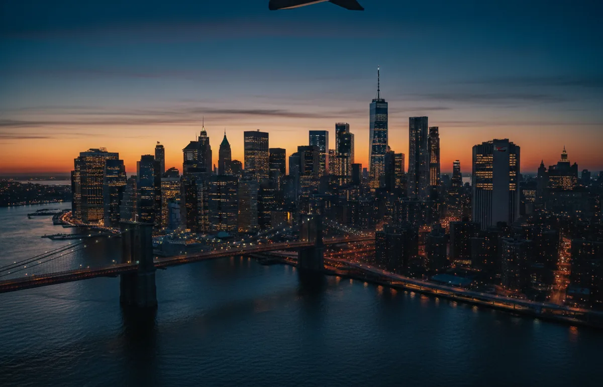 Aerial view of the Lower Manhattan skyline and its glowing lights at dusk.