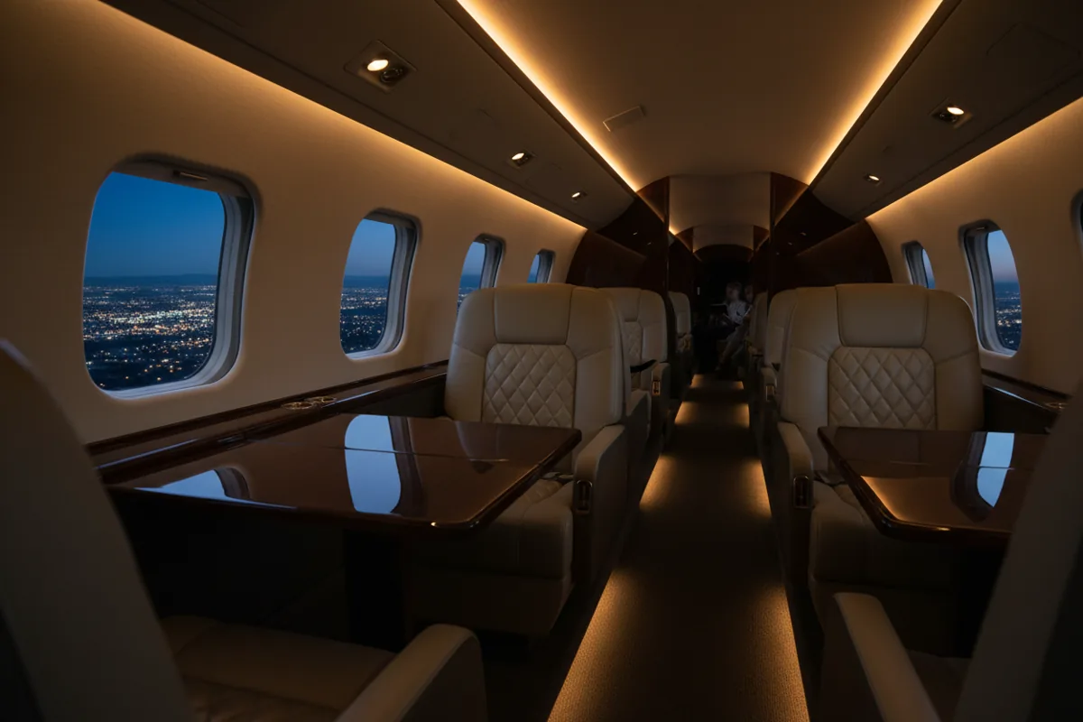 The luxurious interior of a private jet cabin at dusk, with leather seats and warm lighting.