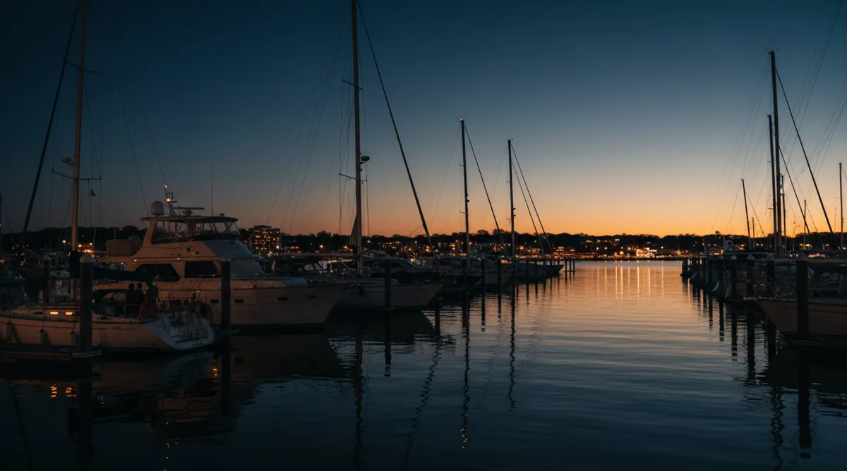 A quiet marina filled with sailboats at dusk, with lights reflecting on the calm water.
