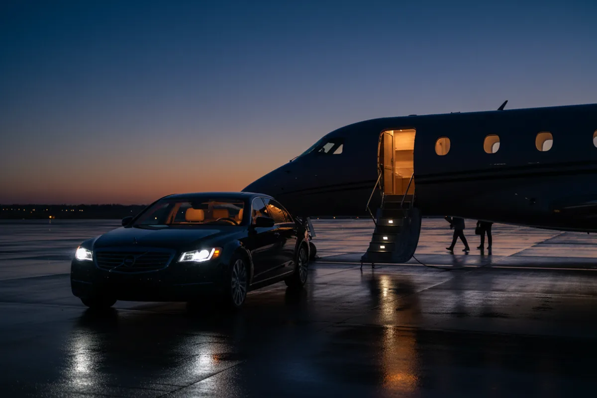 A luxury black sedan waiting on the tarmac next to the stairs of a private jet at dusk.