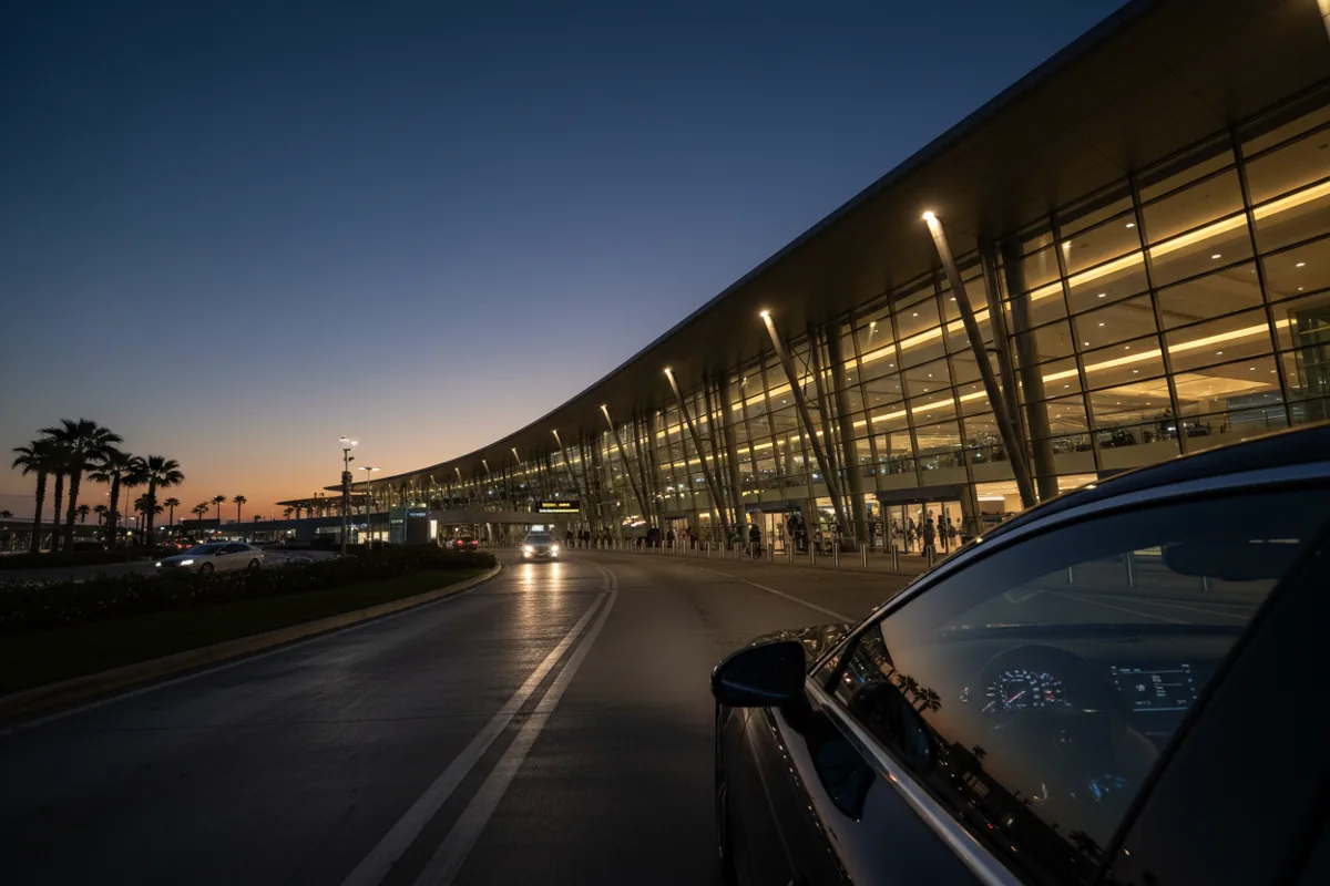 View from a car arriving at a brightly lit, modern airport terminal at twilight.