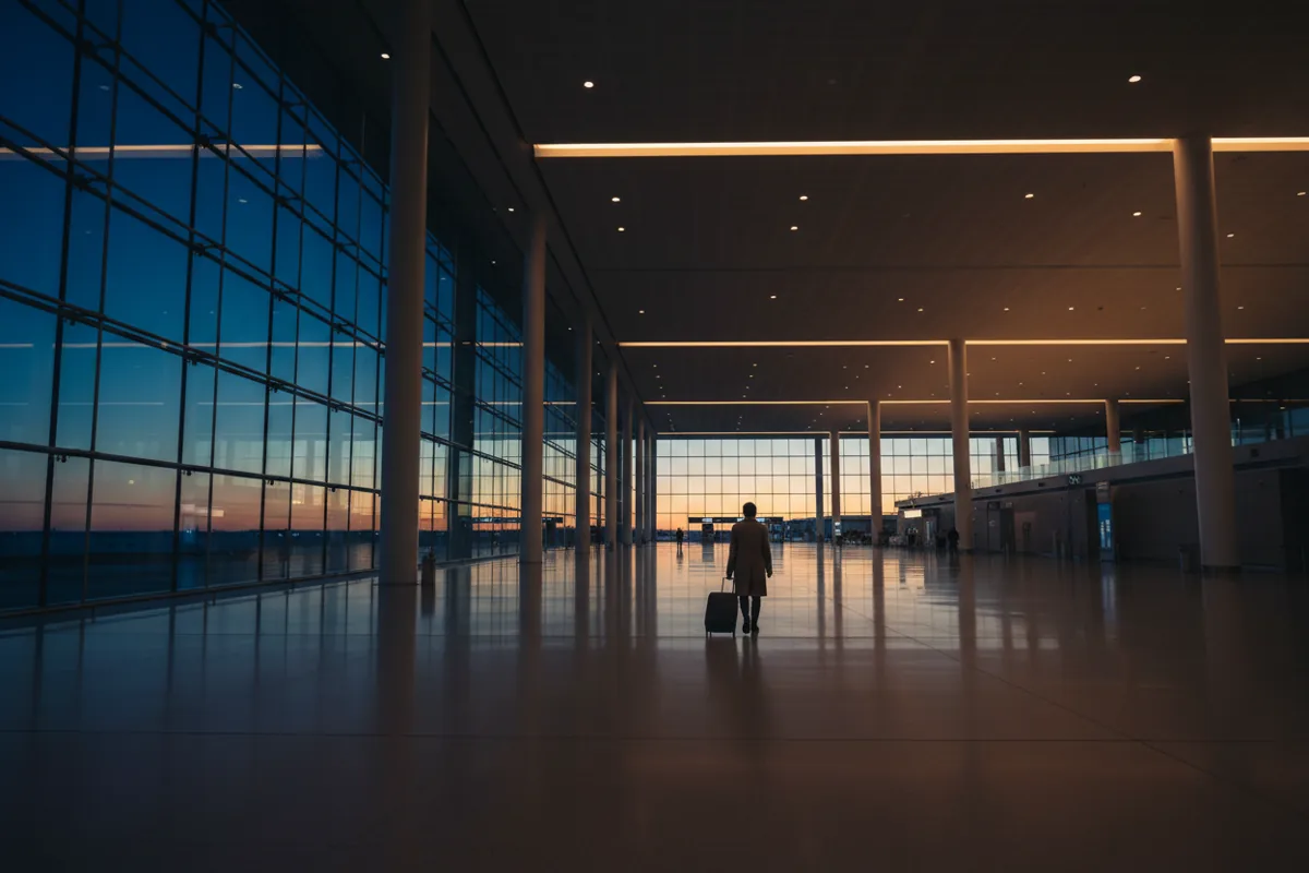 A traveler with luggage walks through a spacious, modern airport terminal at dusk.