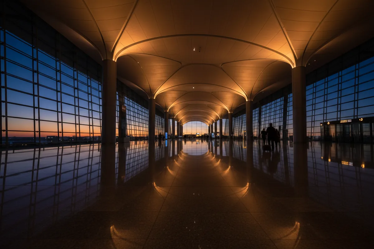The interior of a spacious, modern airport terminal with high ceilings and warm lighting.