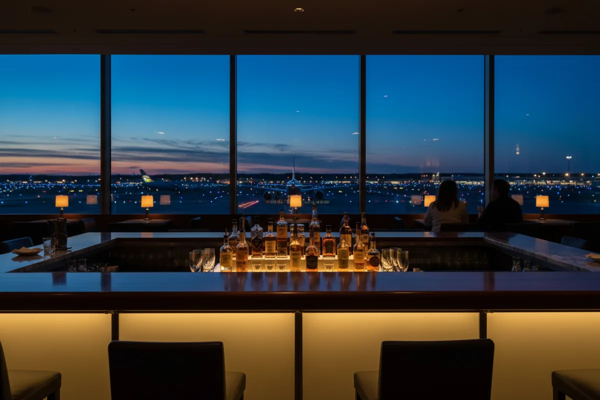 An elegant airport bar with a view of the airfield at dusk.