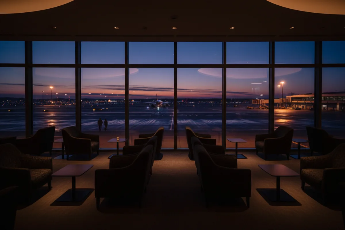 A quiet, luxurious airport lounge with armchairs facing a large window overlooking the airfield at dusk.