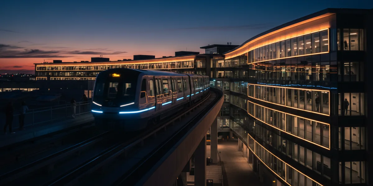 An airport AirTrain on an elevated track at dusk with a glowing terminal in the background.
