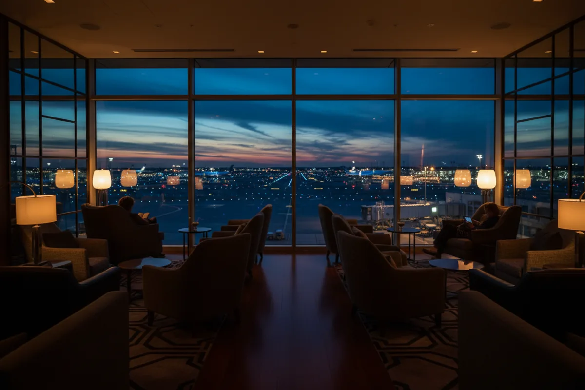 A quiet, modern airport lounge with chairs facing a window overlooking the tarmac at twilight.