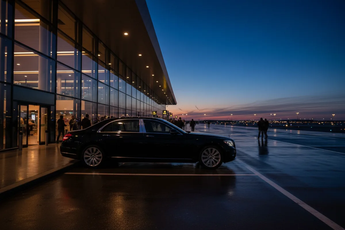 A black luxury car at an airport terminal curb at dusk.