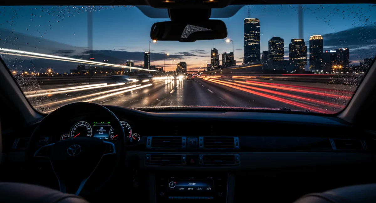View from inside a car driving over a bridge at night, with city lights and traffic streaks in the background.