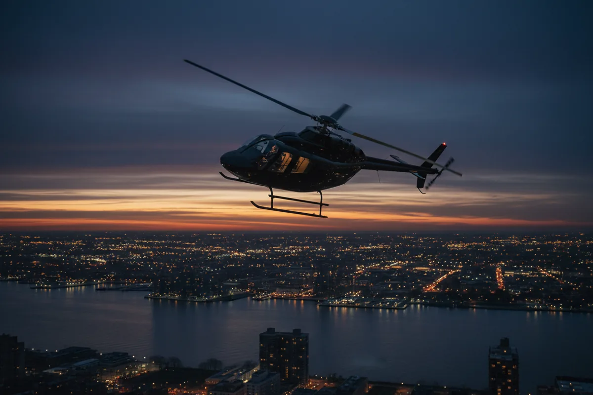A helicopter flies over a river with the illuminated shoreline of a city at dusk.