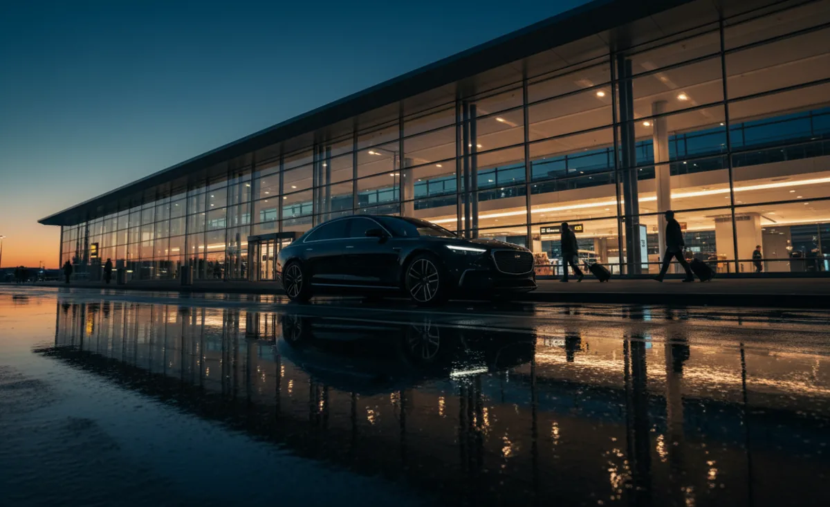 A luxury car waiting outside an airport terminal at dusk.