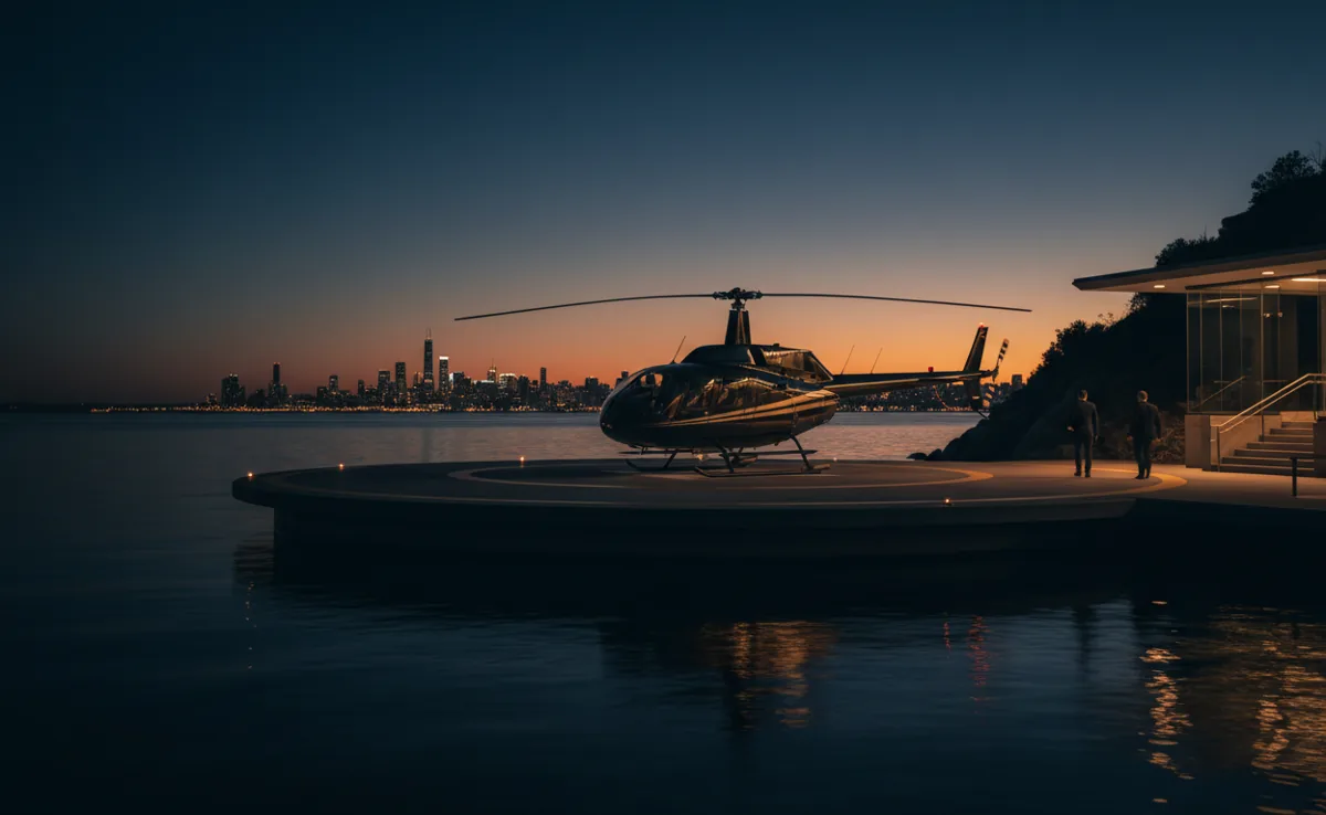 A black helicopter parked on a waterfront helipad at sunrise, with a city skyline in the distance.