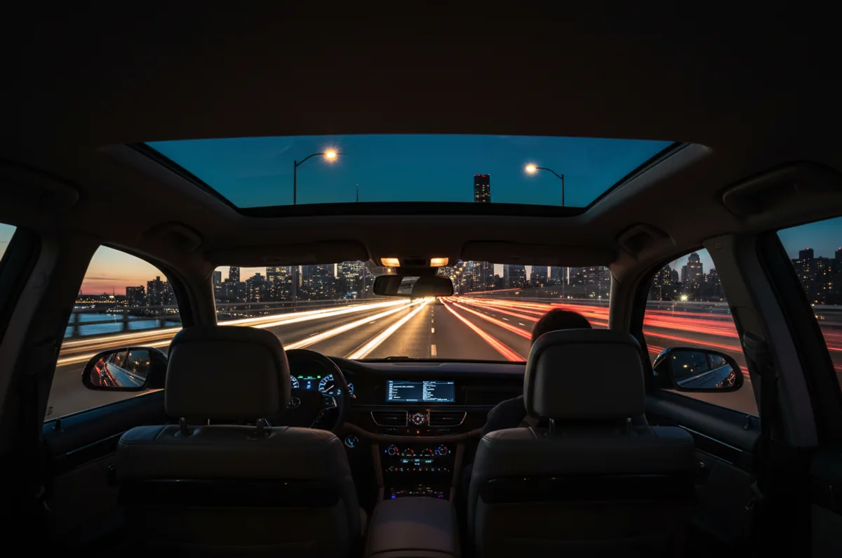 View of a city skyline and bridge at twilight from the backseat of a moving car.