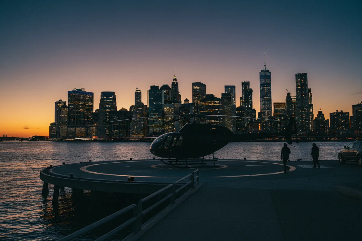A helicopter on a Brooklyn helipad at dusk, with the Lower Manhattan skyline in the background.