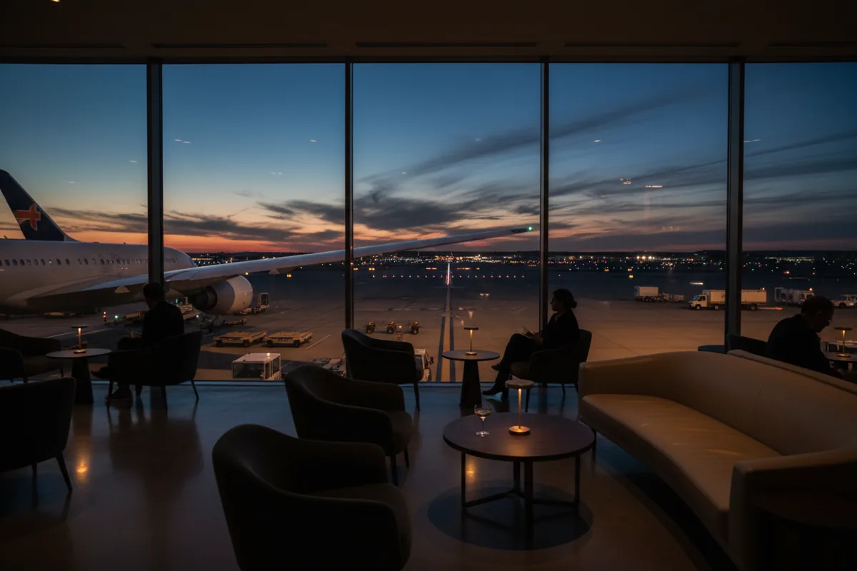 A quiet, modern airport lounge overlooking the tarmac at dusk.