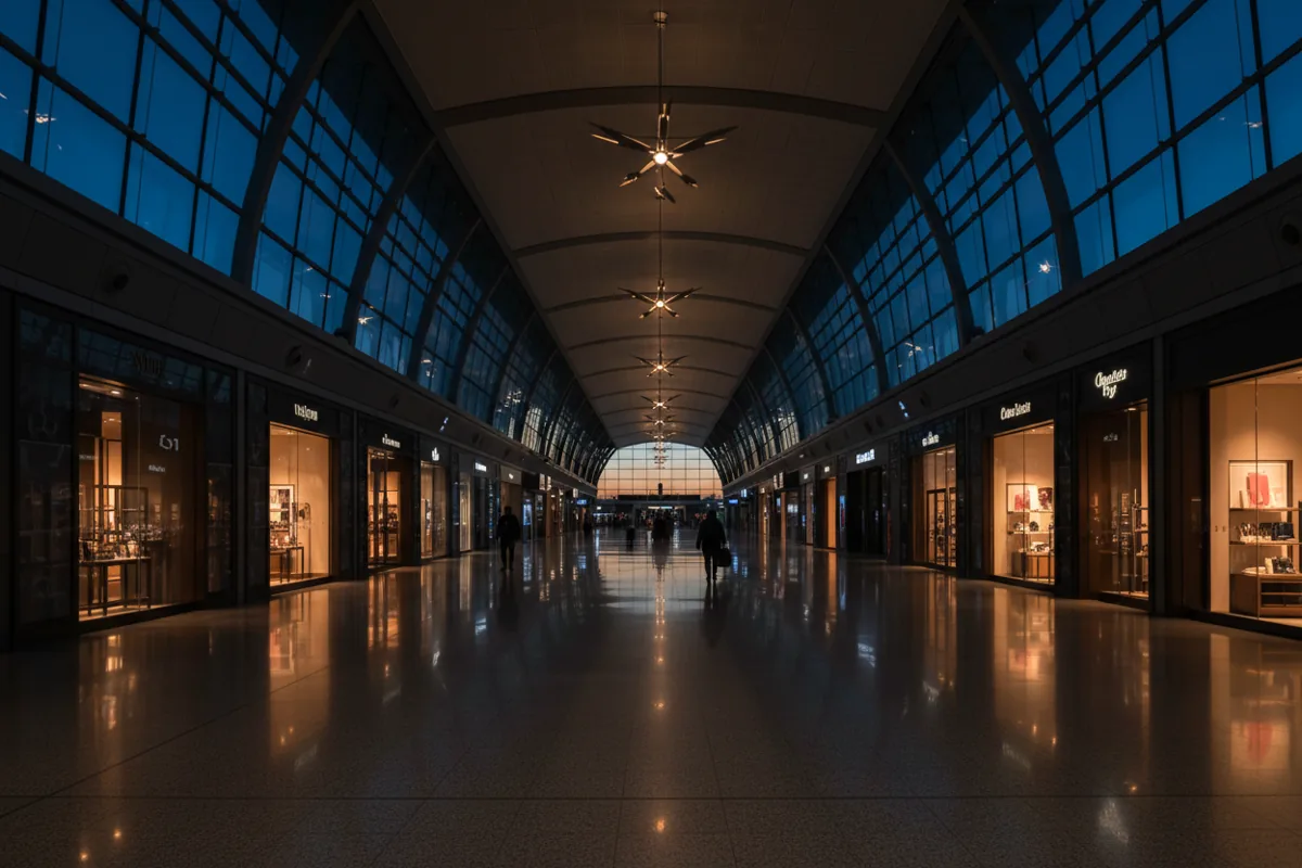 A wide, modern airport concourse with glowing shops and silhouetted travelers at twilight.