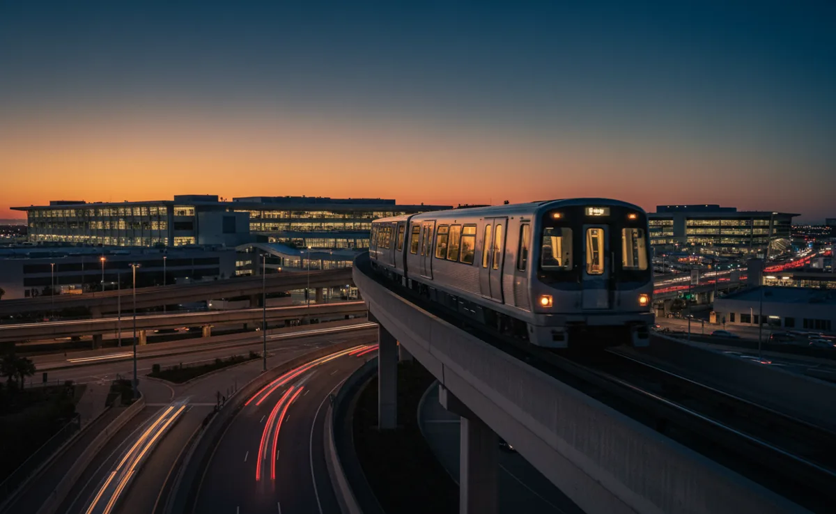 An elevated AirTrain moving through JFK airport at night with terminal lights in the background.