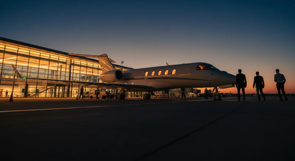 A private jet on the tarmac of an airport terminal at dusk, with warm lights glowing from the interior.
