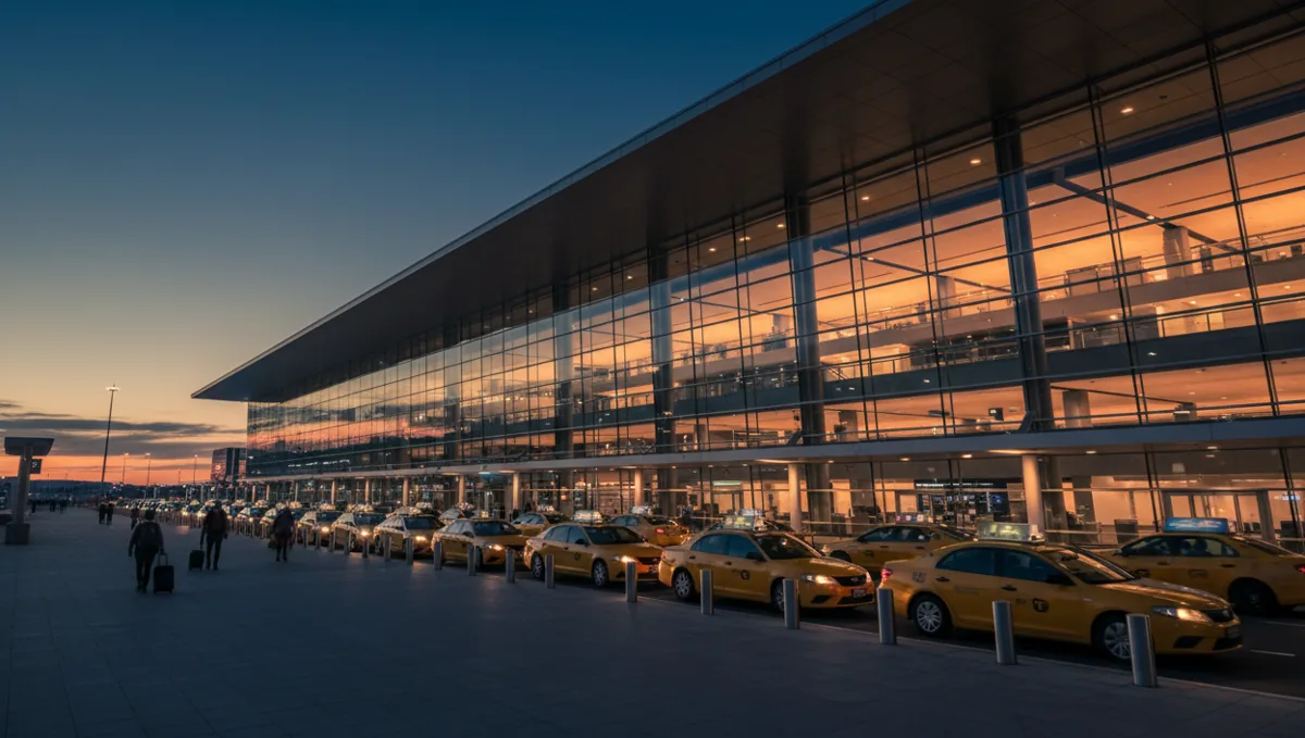 A line of yellow taxis waits outside a modern airport terminal at dusk.
