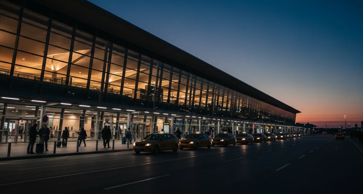 A line of yellow taxis waits outside a modern airport terminal at dusk.