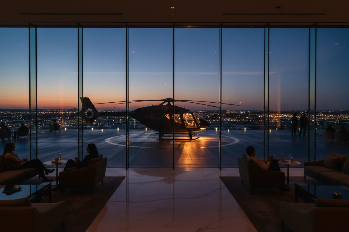 A helicopter on a helipad at twilight, viewed from inside a modern airport lounge.
